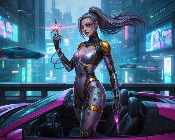 Futuristic cityscape with metallic figure and neon lights