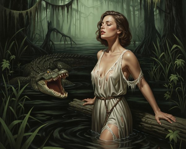 Woman in Tattered Dress Wading Through Swamp Waters