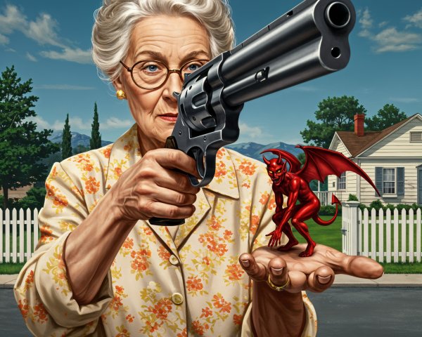 Elderly Woman with Revolver and Mischievous Devil