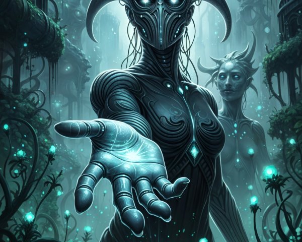 Bioluminescent Forest with Otherworldly Figures