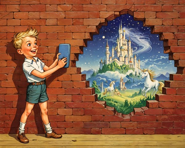 Boy with tablet in front of brick wall and castle scene