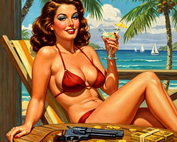 Glamorous Woman in Tropical Setting with Gold Coins