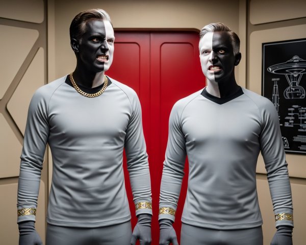 Identical Figures in Futuristic Metallic Environment