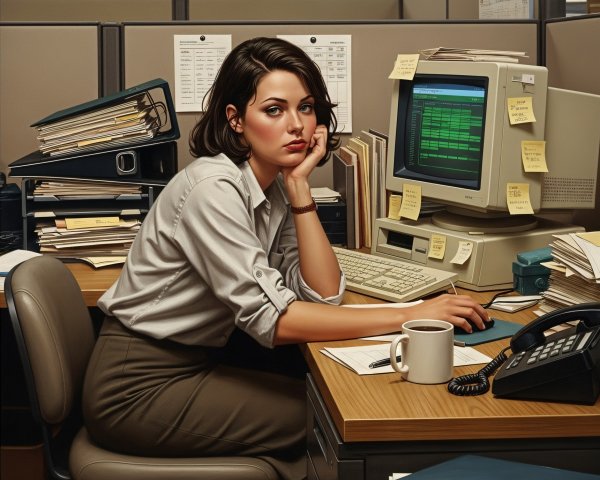 Cluttered Office Scene with Focused Woman at Desk