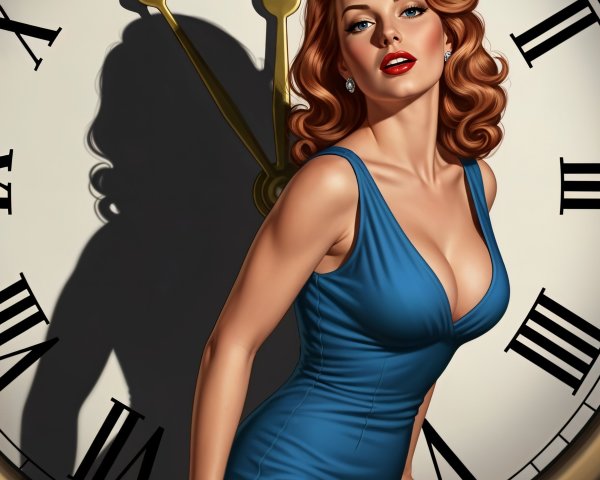 Glamorous Woman in Blue Dress by Vintage Clock