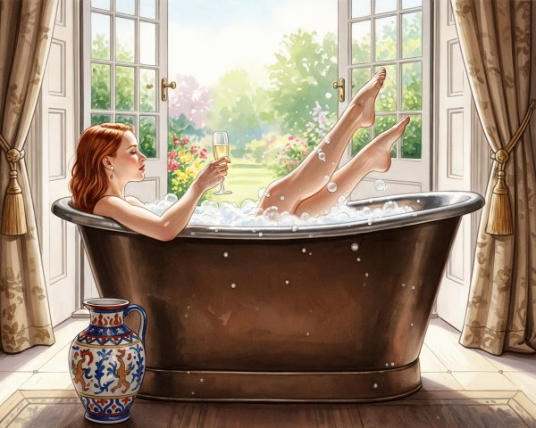 Luxurious Bathtub Scene with Bubbles and Champagne