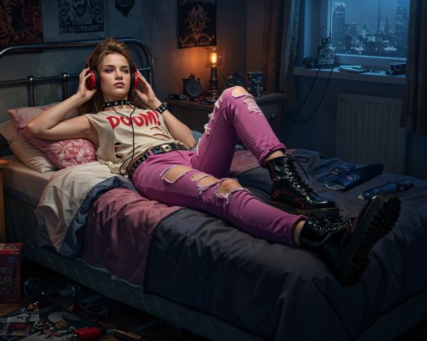 Young Woman in Vintage Shirt Relaxing in Dim Room