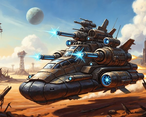 Futuristic spaceship in desolate landscape with ruins