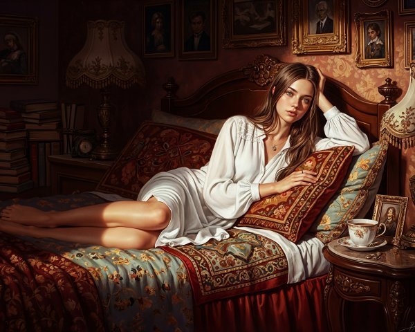Young Woman in White Nightgown in Vintage Room