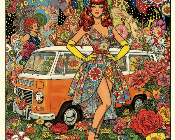 Vibrant Retro Scene with Stylish Women and Vintage Van