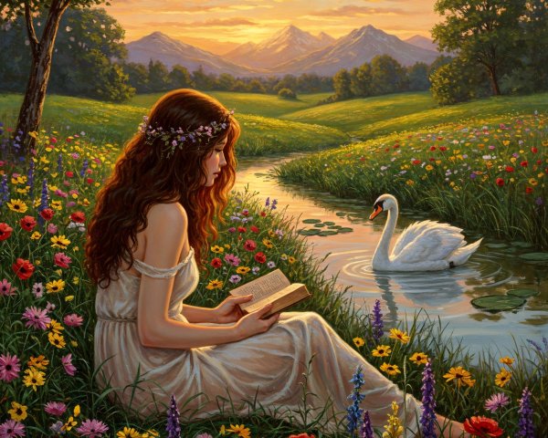 Young Woman Reading by a Stream in a Serene Landscape