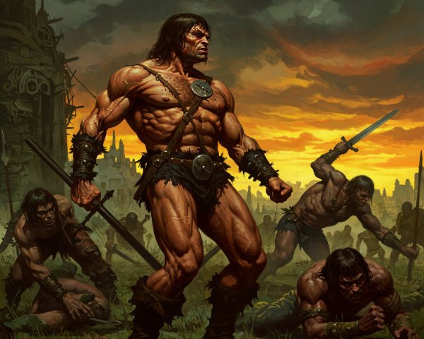 Muscular Warrior in Primitive Attire Amidst Battle Scene