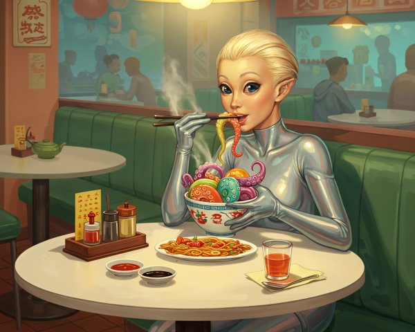 Futuristic Asian Restaurant with Colorful Noodles