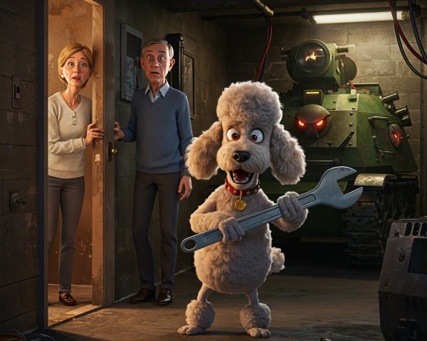 Poodle with Wrench in Dimly Lit Basement Scene
