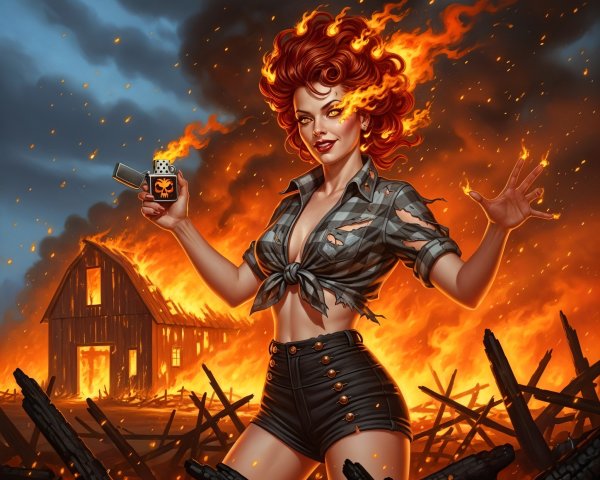 Confident Pin-Up Girl with Fiery Red Hair in Flames