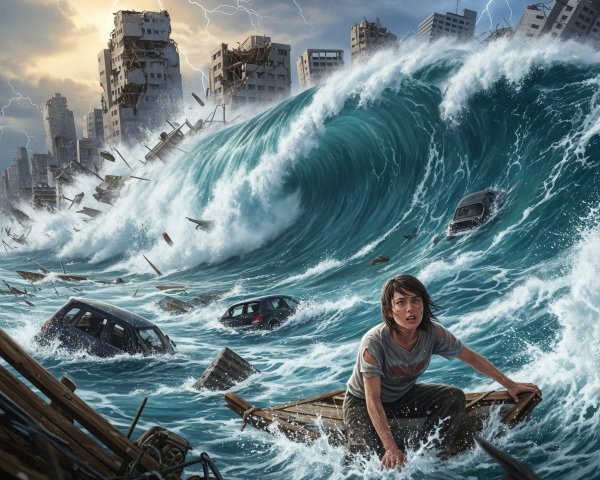 Tsunami Devastation in a Flooded City Landscape