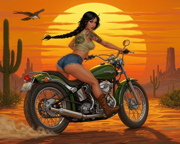 Confident Woman on Vintage Motorcycle at Desert Sunset