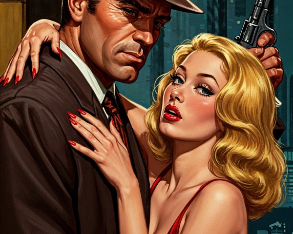 Classic Noir Scene with Man, Woman, and City Skyline