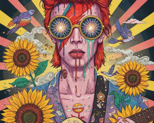 Vibrant Figure with Red Hair and Colorful Surroundings