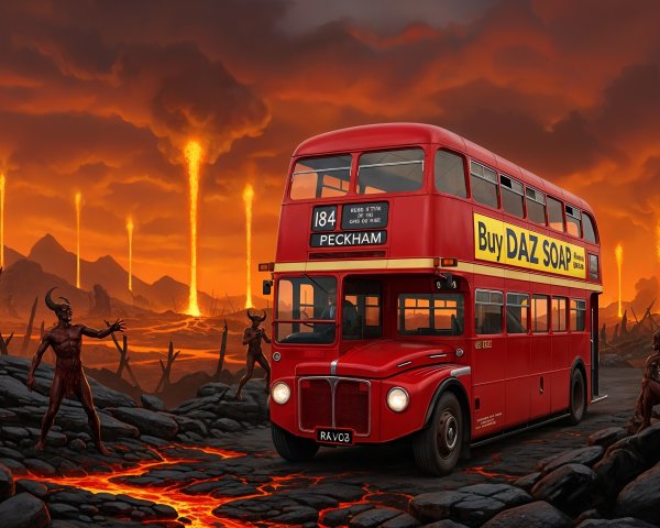 Red Double-Decker Bus in Volcanic Landscape Scene