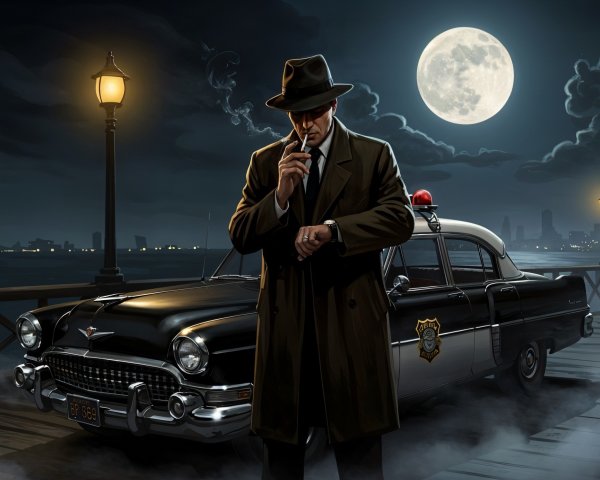 Mysterious Figure by Old Police Car Under Full Moon