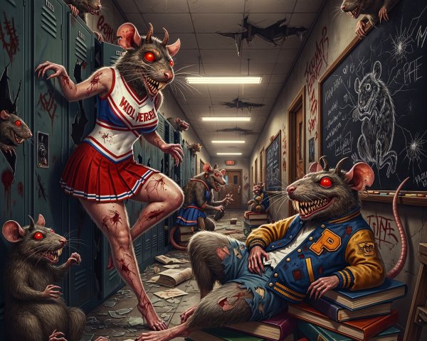Eerie Rats in Cheerleader and Varsity Jackets in Hallway