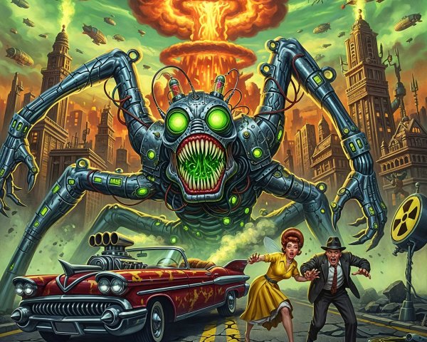 Dystopian Cityscape with Robotic Spider and Chaos