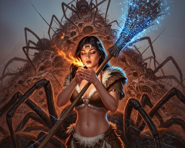 Warrior Woman with Flame and Colossal Spider Background