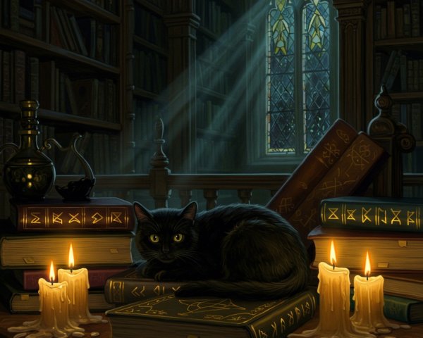 Black Cat on Ancient Books in Dim Library Setting