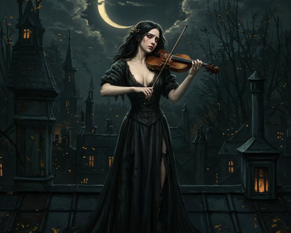 Mysterious Woman in Black Dress Playing Violin at Night