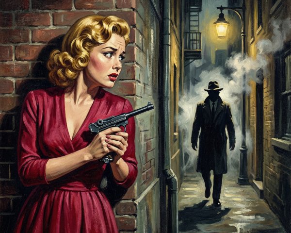 Pulp Fiction Illustration of Scared Woman with Pistol