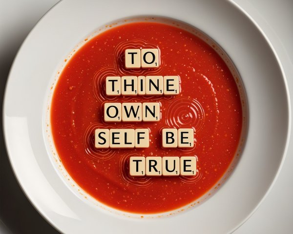 Tomato Soup with Letter Tiles Spelling a Phrase