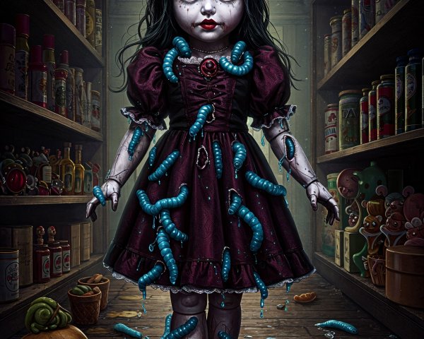 Porcelain Doll in Dark Pantry Surrounded by Shadows