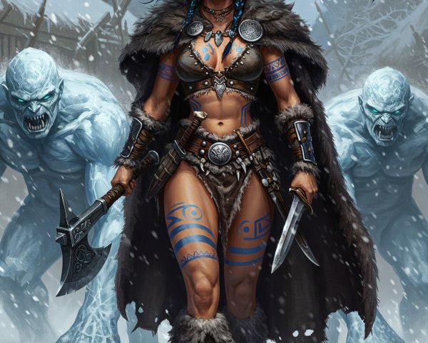Fierce Warrior in Tribal Armor in Snowy Landscape