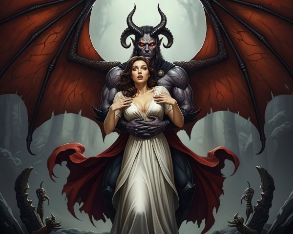 Demon and Woman in Enigmatic Forest Scene