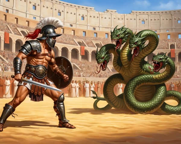 Warrior in Bronze Armor Faces Multi-Headed Serpent