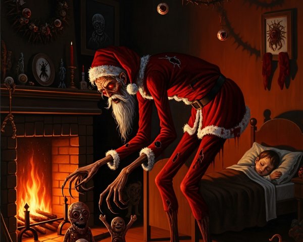 Sinister Santa Claus Figure in Dimly Lit Room