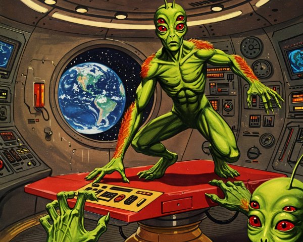 Alien Creature in Spaceship with Earth View