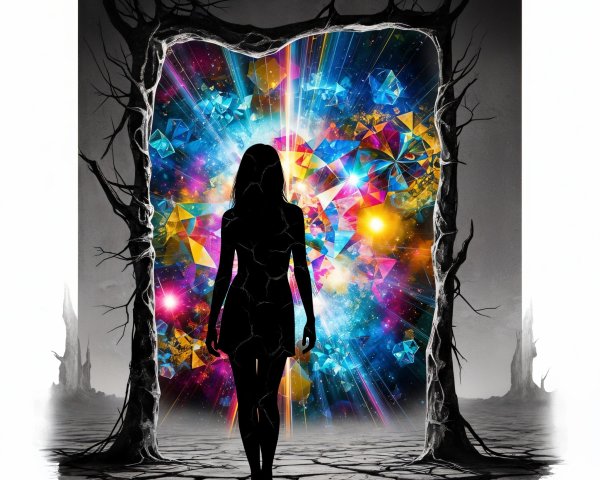 Silhouette Before a Colorful Portal with Gems and Lights