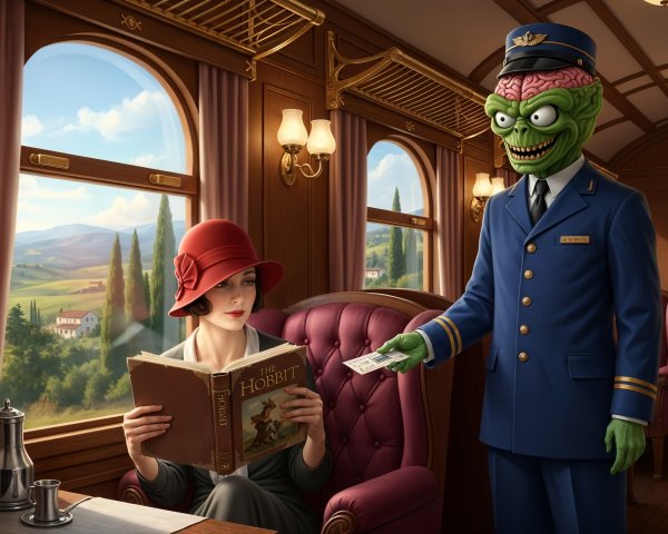Luxurious Train Carriage with Scenic Landscape and Reading