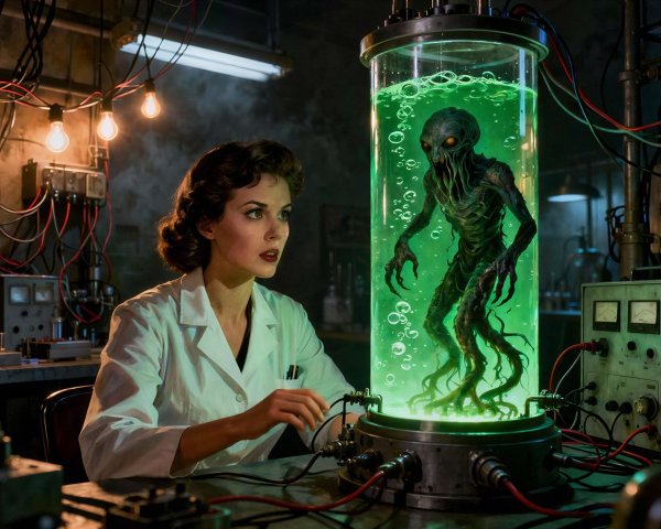 Vintage Sci-Fi Scene of Woman in Lab with Alien Creature