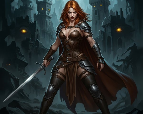 Fierce Warrior in Dark Landscape with Glowing Eyes