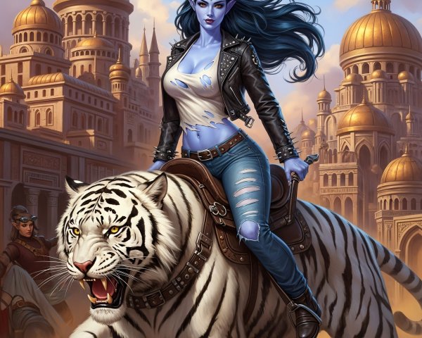 Female Alien on White Tiger in Desert City Setting