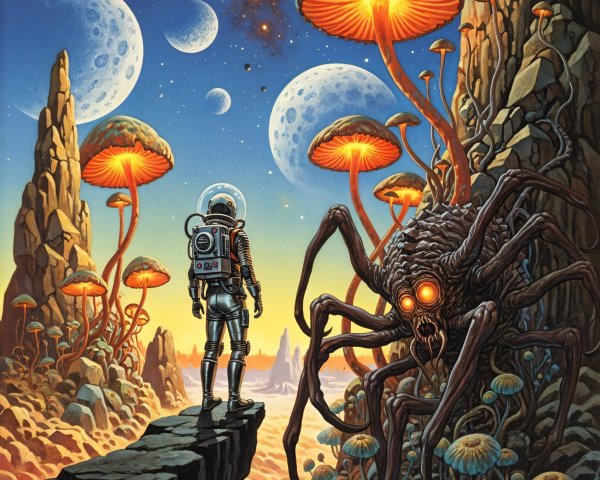 Astronaut Observes Alien Landscape with Glowing Fungi