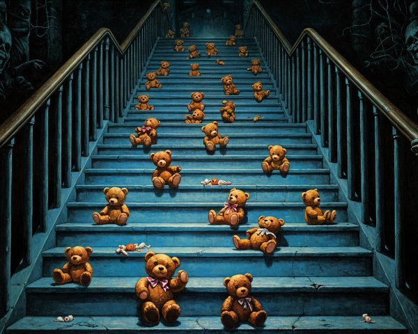 Eerie Staircase with Teddy Bears and Shadowy Figures