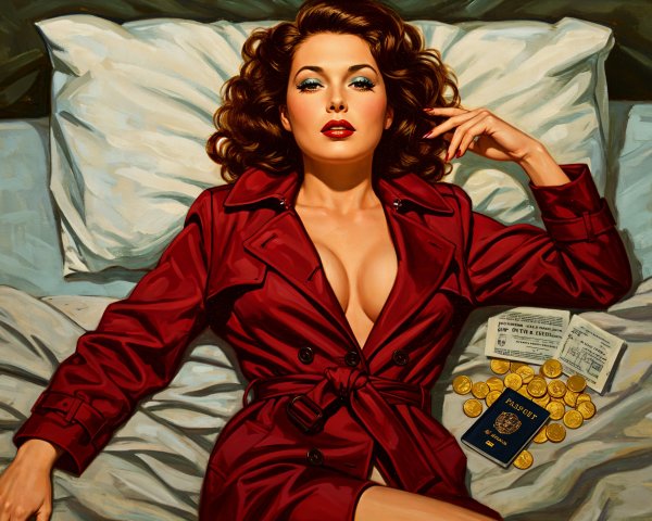 Glamorous Woman in Red Trench Coat with Gold Coins