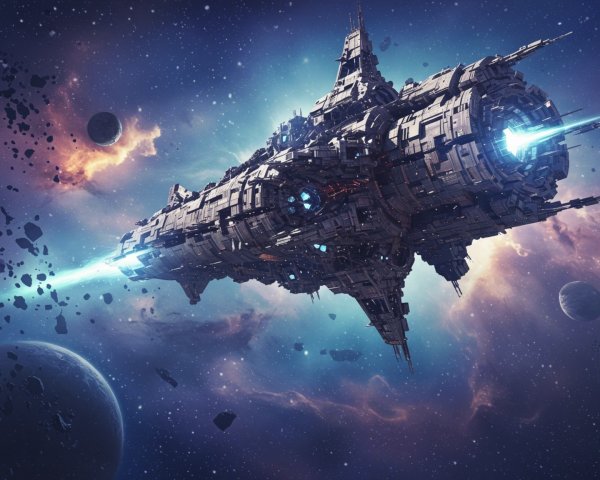 Intricately Designed Spaceship in Cosmic Scene