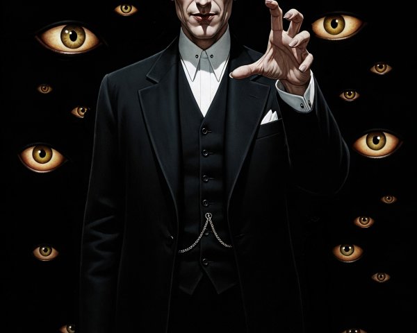 Suave Figure in Dark Attire Against Ominous Eyes