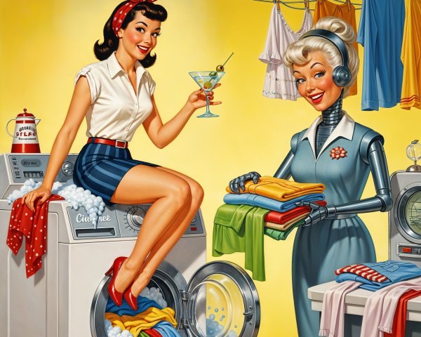 Retro-Inspired Laundry Room with Robot and Bubbles