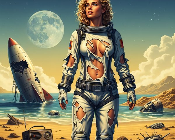 Female Astronaut on Alien Landscape with Crashed Rocket